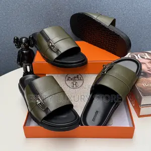 Luxury Hermes Men's Slippers - Green Leather