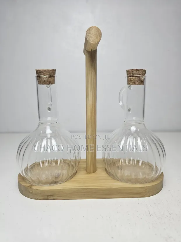 2-in-1 Oil Bottle Set with Wooden Stand - 1