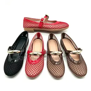 Ladies Fishnet Mesh Mary Jane Buckle Ballet Flats
