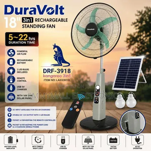 Duravolt 18" Rechargeable Fan with Solar Panel & LED Bulb - 1