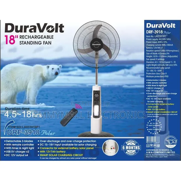 Duravolt 18-Inch Rechargeable Fan with Remote - 1