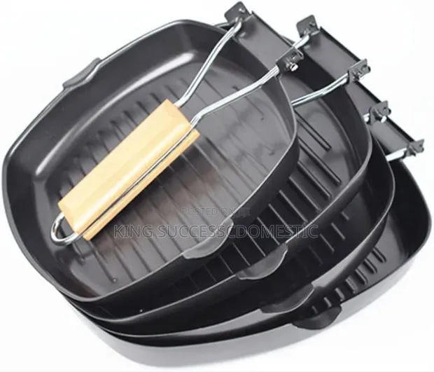 3-Piece Non-Stick Square Grill Pan Set with Foldable Handle - 1
