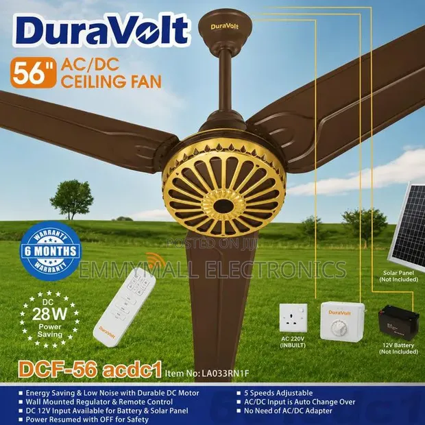 Duravolt 56" Solar ACDC Ceiling Fan with Remote - 1