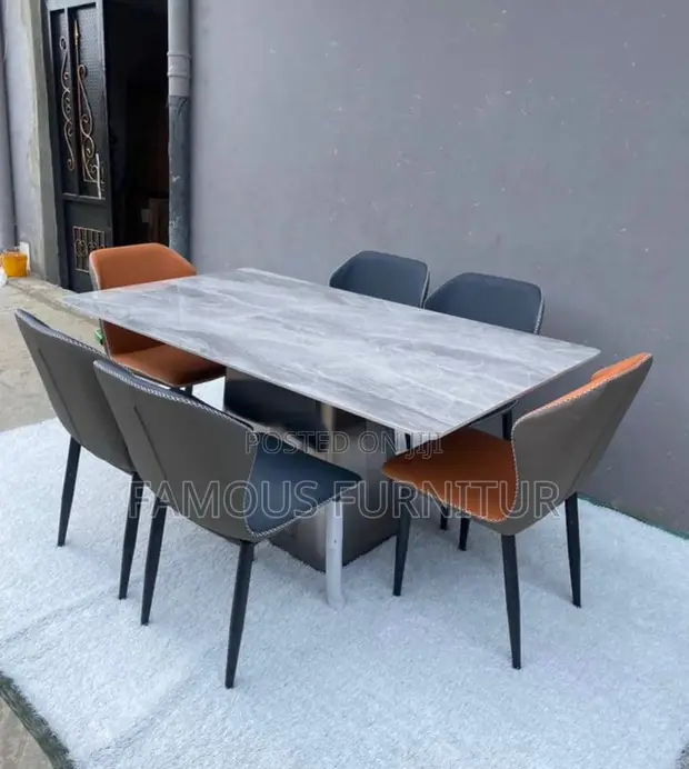 Modern Rectangular Marble-Top Dining Table with 6 Chairs - 1