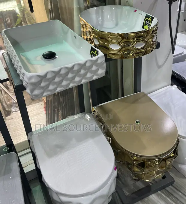 Luxurious Wall Hung WC and Basin - Gold/White - 1