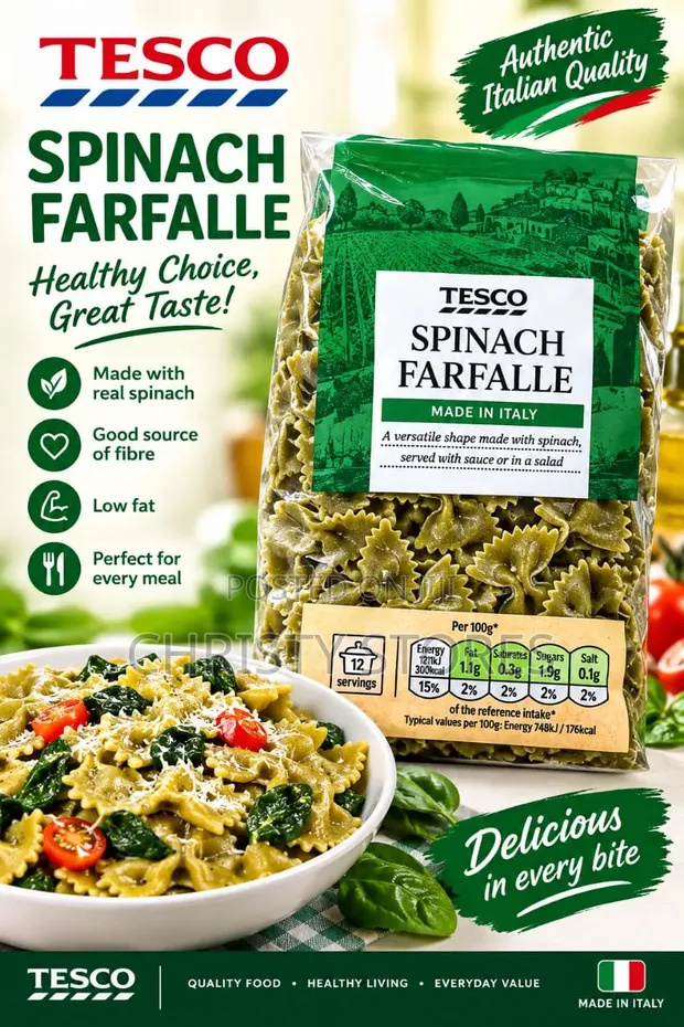 Tesco Spinach Farfalle Pasta - 12pcs Carton - 1