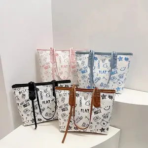 Cute Cartoon PU Shoulder Bag - Large Women's Tote with Zipper