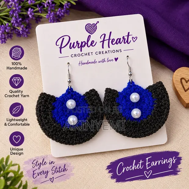 Purple Heart Crochet Earrings - 1