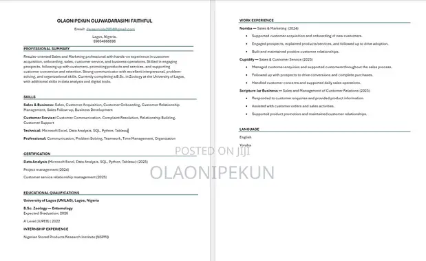 Sales Support Assistant CV - 1