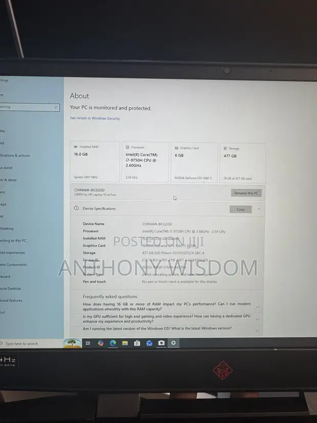 HP Omen 16 Laptop: Intel Core i7, 16GB RAM, 500GB SSD, 8GB Graphics - 1