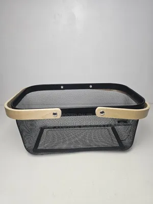 Black Metal Mesh Storage Basket with Wooden Handles