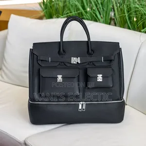 Premium Black Leather Travel Tote Weekend Bag - Multi-Pocket Organizer