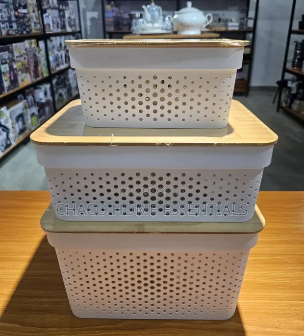 3-Piece Stackable Storage Baskets with Bamboo Lids - White - 1