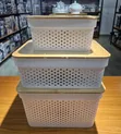 3-Piece Stackable Storage Baskets with Bamboo Lids - White - 1