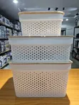 3-Piece Stackable Storage Baskets with Bamboo Lids - White - 3