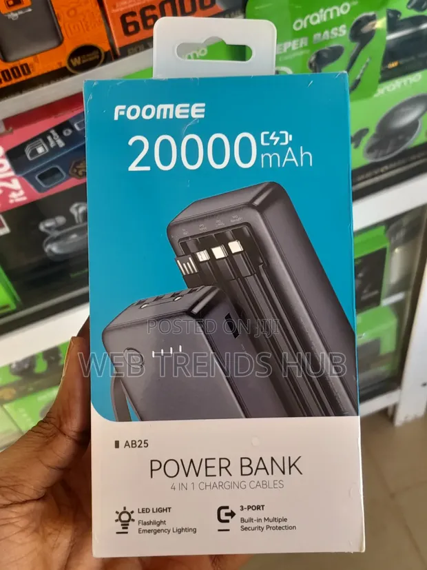 Foomee AB25 20000mAh Power Bank with Built-in Cables & LED Light - 1