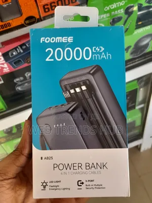 Foomee AB25 20000mAh Power Bank with Built-in Cables & LED Light