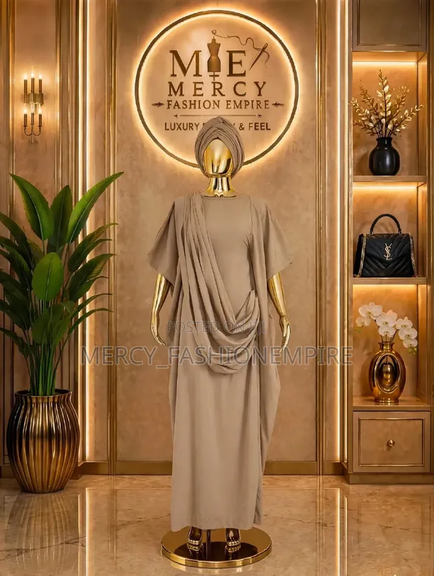 Luxury Draped Boubou Gown With Scarf - Beige - 1