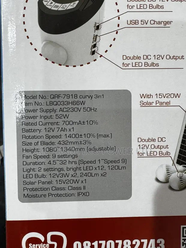 Qasa 18" Curvy 3-in-1 Rechargeable Fan da Solar Panel & 2 Bulbs - 1