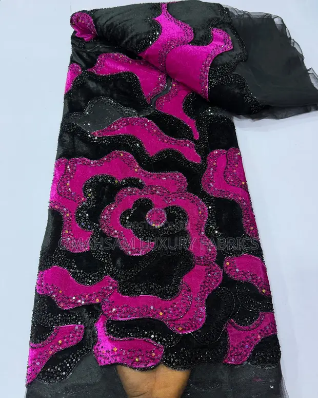 Velvet Lace Fabric with Crystal Stones - 1