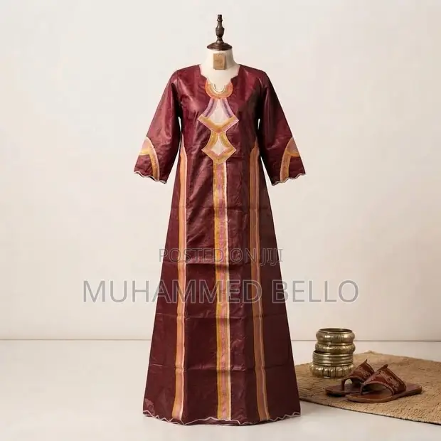 Women's Wine Long Native Boubou Dress with Embroidery - 1