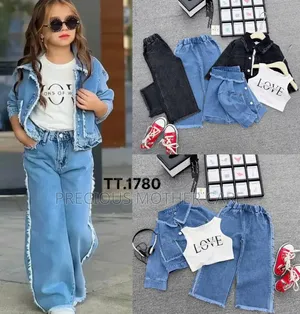 Quality Girls' Jean Jacket, Trouser & Inner Top Set