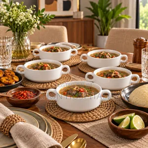 Premium White Ceramic Soup Bowls with Double Handles (Set of 4)