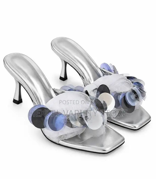 Ladies Silver Sequin Mule Heels - Size 39.5 - 1