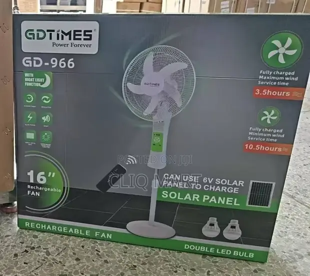 GD Times 16" Rechargeable Fan with Solar Panel & Night Light - 1