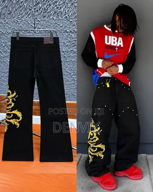 Men's Black & Gold Wide-Leg Trousers - Streetwear