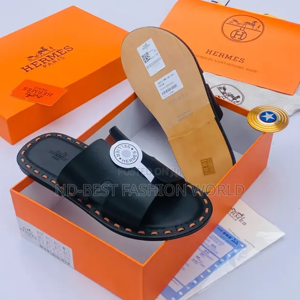 Hermes Designer Slippers - Men's Black Leather - 1
