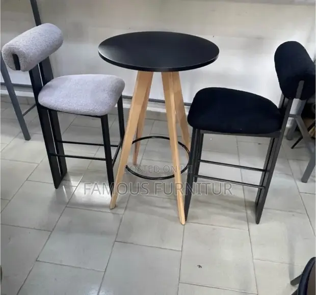 Modern Bar Set: Round Black Table & Upholstered Barstools - 1