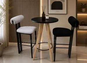 Modern Bar Set: Round Black Table & Upholstered Barstools