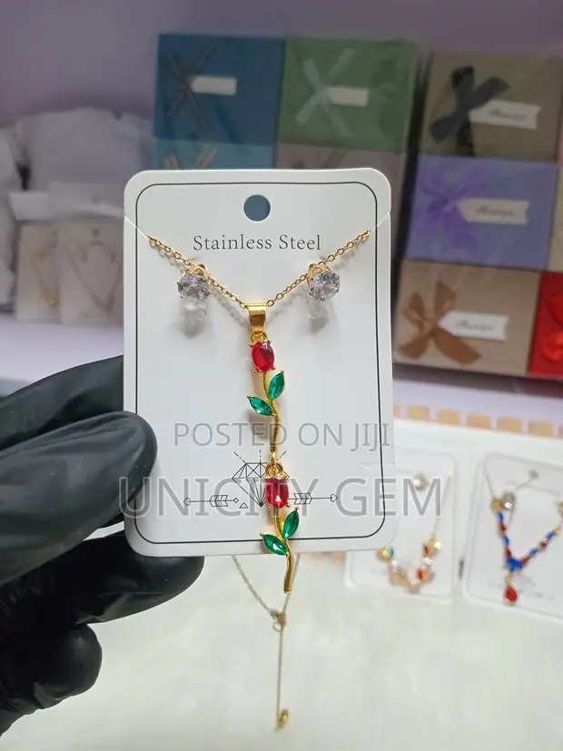 Stainless Steel Floral Crystal Necklace with Earrings - 1
