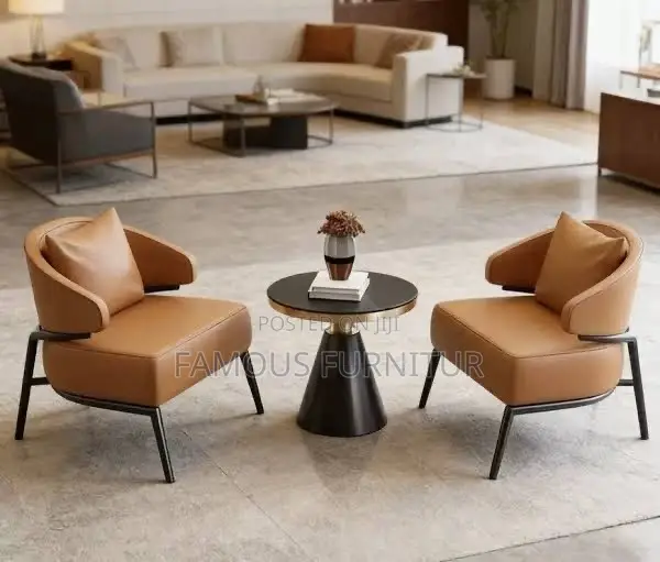 Tan Leather Accent Chair with Curved Armrests - 1