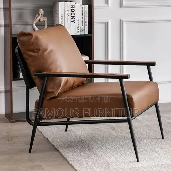 Modern Leather Armchair - Brown Cushion, Black Metal Frame - 1