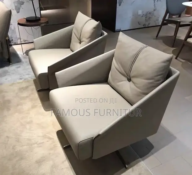 Modern Beige Leather Swivel Accent Chair - 1