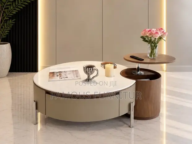 Modern Round Coffee Table Set Da Fitar Marmara Mai Launi Fari - 1