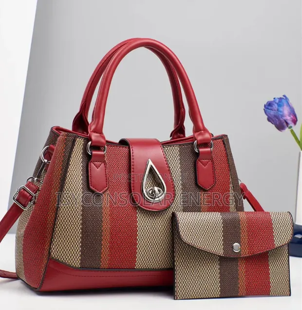 Red and Beige Striped PU Leather Handbag - 1