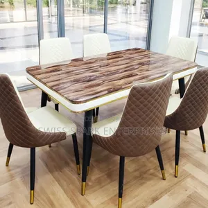 Luxury 6-Seater Marble Dining Table Set - Brown Cream Chairs
