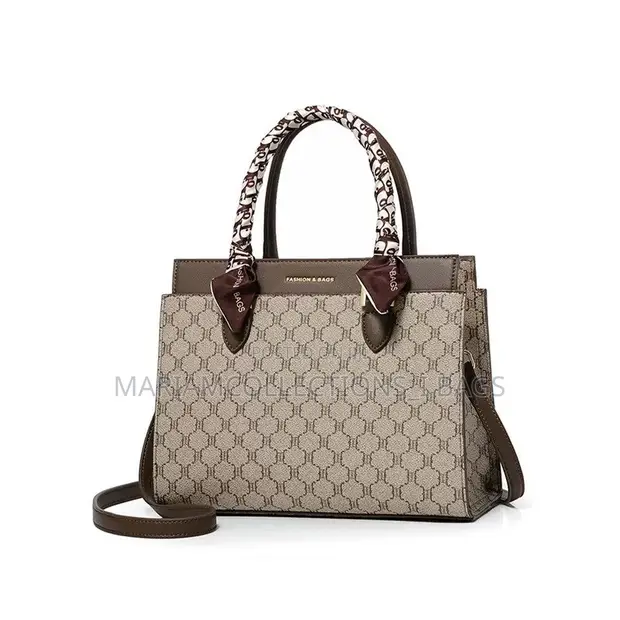 Office Handbag with Longer Strap - Brown Faux Leather - 1