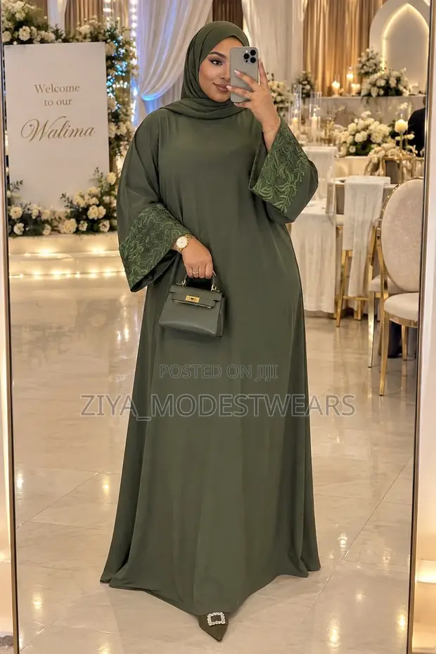 Army Green Embroidered Abaya | Modest Dress - 1