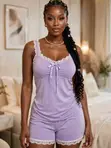 Lavender Lace Trim Loungewear Set - Purple - 3