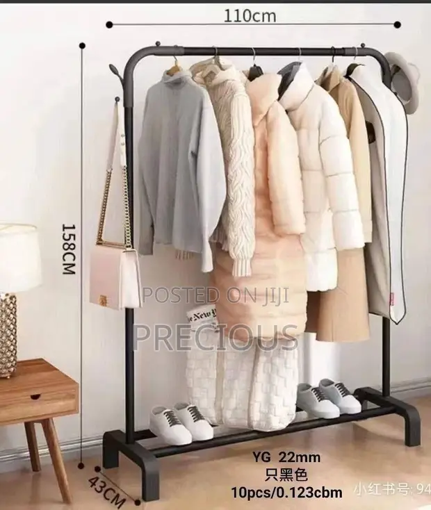 Heavy-Duty Garment Rack with Shoe Shelf & Side Hooks - Matte Black - 1