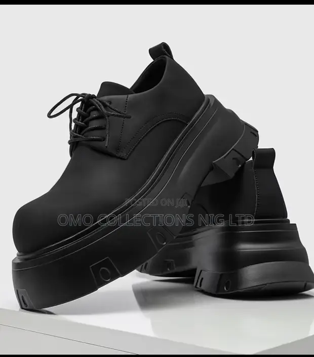 Italian Made Men's Matte Black Faux Leather Lace-Up Platform Shoes - 1