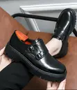 Men's Glossy Black Leather Double-Strap Loafers - Brand New - 1