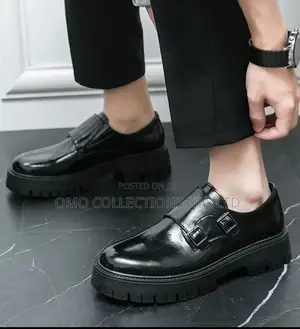 Men's Glossy Black Leather Double-Strap Loafers - Brand New