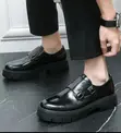 Men's Glossy Black Leather Double-Strap Loafers - Brand New - 2