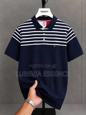 Men's Navy Blue & White Striped Polo Shirt
