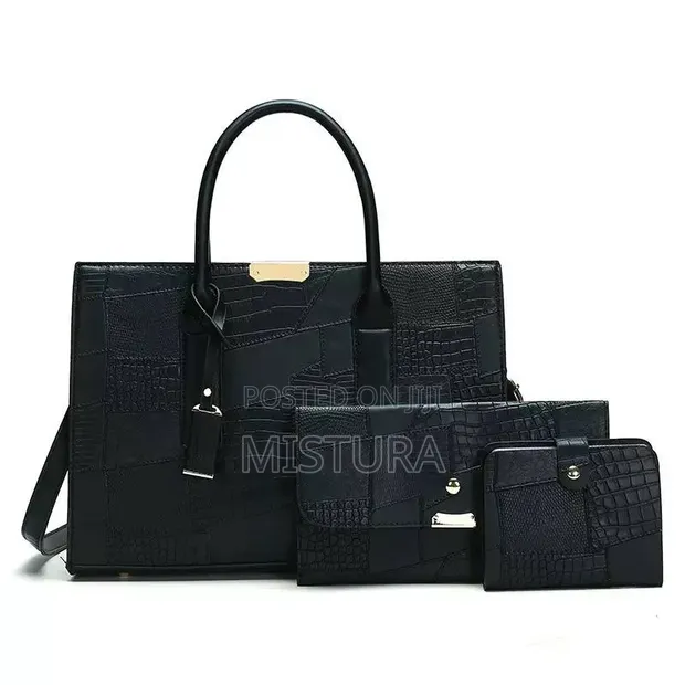Duo Chain Tote 3-in-1 Handbag Set - Black Croc-Pattern Leather - 1